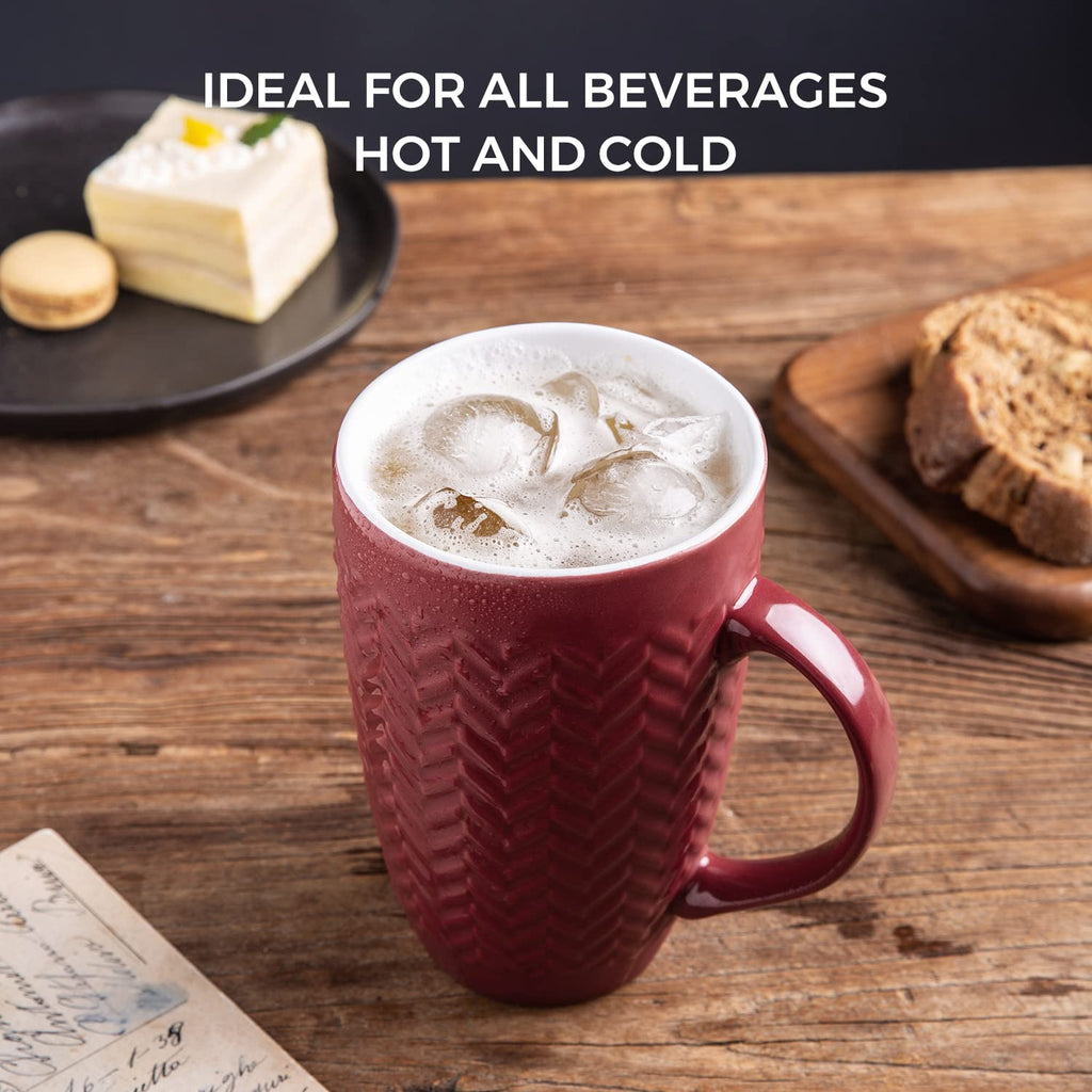 AmorArc Extra Large Coffee Mugs Set of 6, 20oz Ceramic Tall Coffee Mugs Set with Textured Geometric Patterns for Coffee/Tea/Beer/Hot Cocoa, Dishwasher & Microwave Safe,Beige