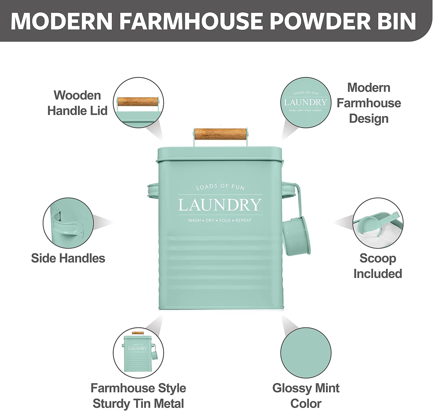 Calindiana Modern Farmhouse Metal Laundry Soap Dispenser Container Holder with Scoop for Laundry Room Decor and Space Saving Laundry Room Organization and Storage, Laundry Powder Container, Black