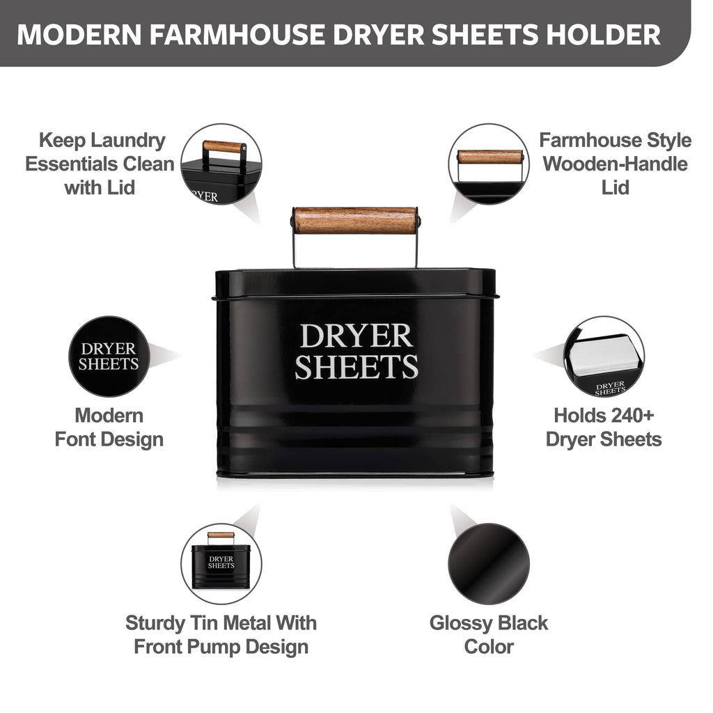 Calindiana Modern Farmhouse Metal Laundry Dryer Sheets Holder Fabric Softener Dispenser with Lid for Laundry Room Decor and Accessories and Space Saving Laundry Organization and Storage, Glossy Black