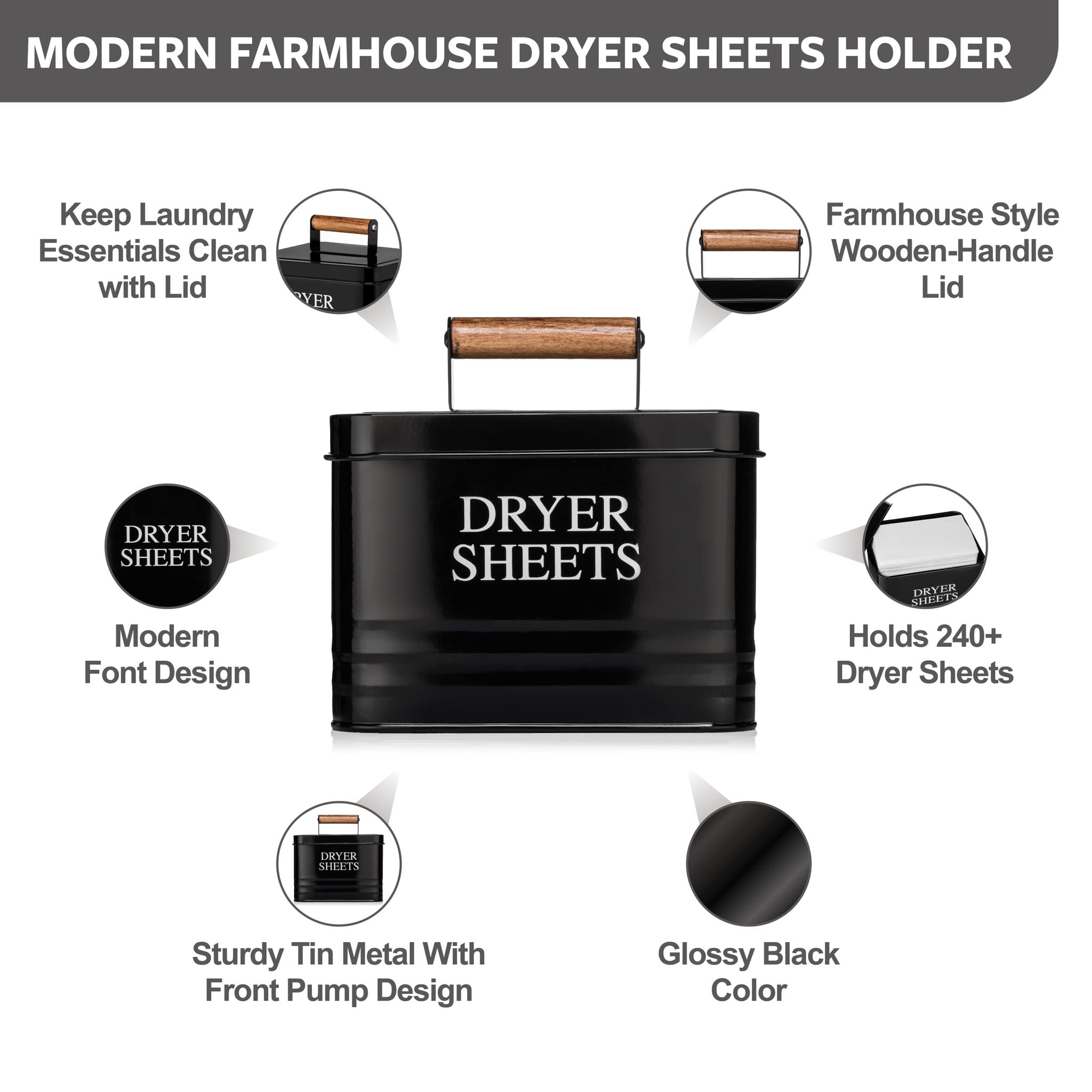 Calindiana Modern Farmhouse Metal Laundry Dryer Sheets Holder Fabric Softener Dispenser with Lid for Laundry Room Decor and Accessories and Space Saving Laundry Organization and Storage, Glossy Black