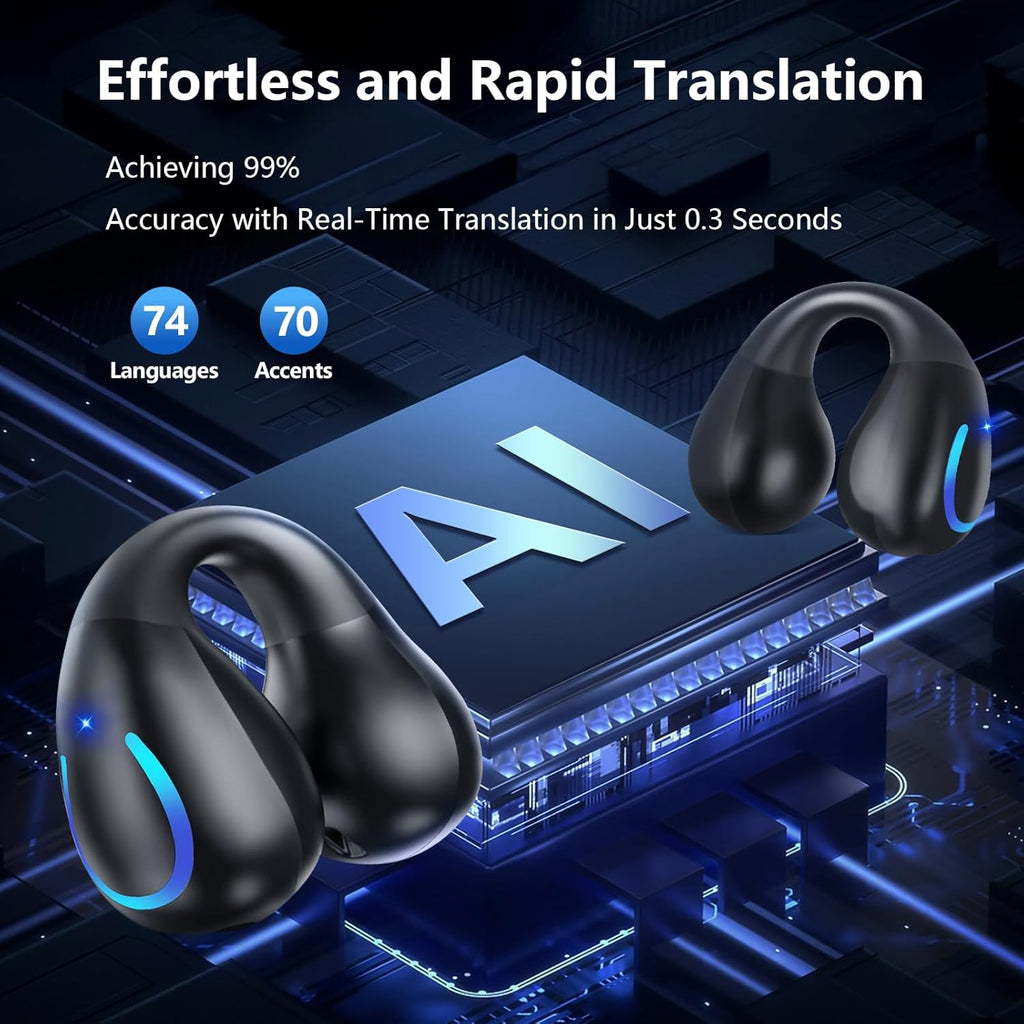 AI Translation Earbuds Real Time 144 Languages Clip On Earbuds Translator Headphones Audifonos Traductores Inglés Español Bluetooth 60H Playtime Headphones for Travel Business Meeting Learning Black