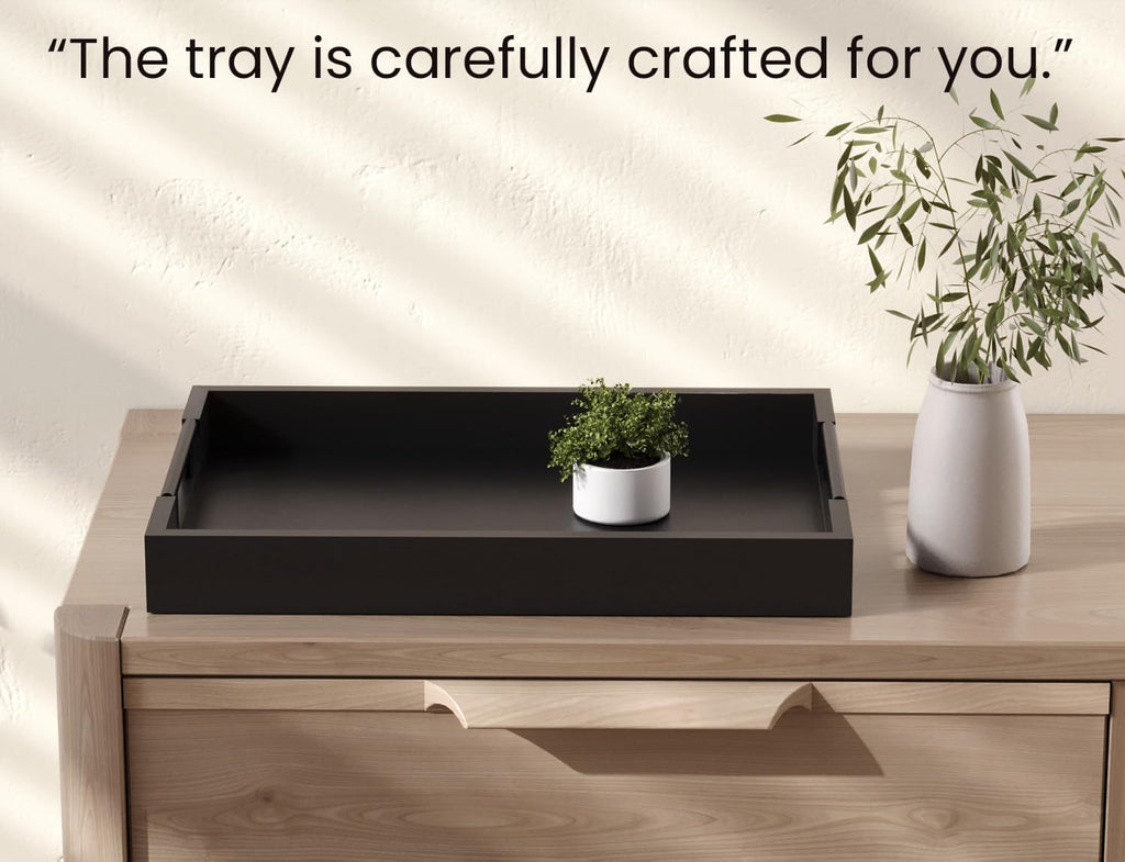 Bamboo Set of 2 Serving Tray with Metal Handles,Ottoman Decorative Trays Platter for Coffee Table,Living Room,Bar,Party(Black)