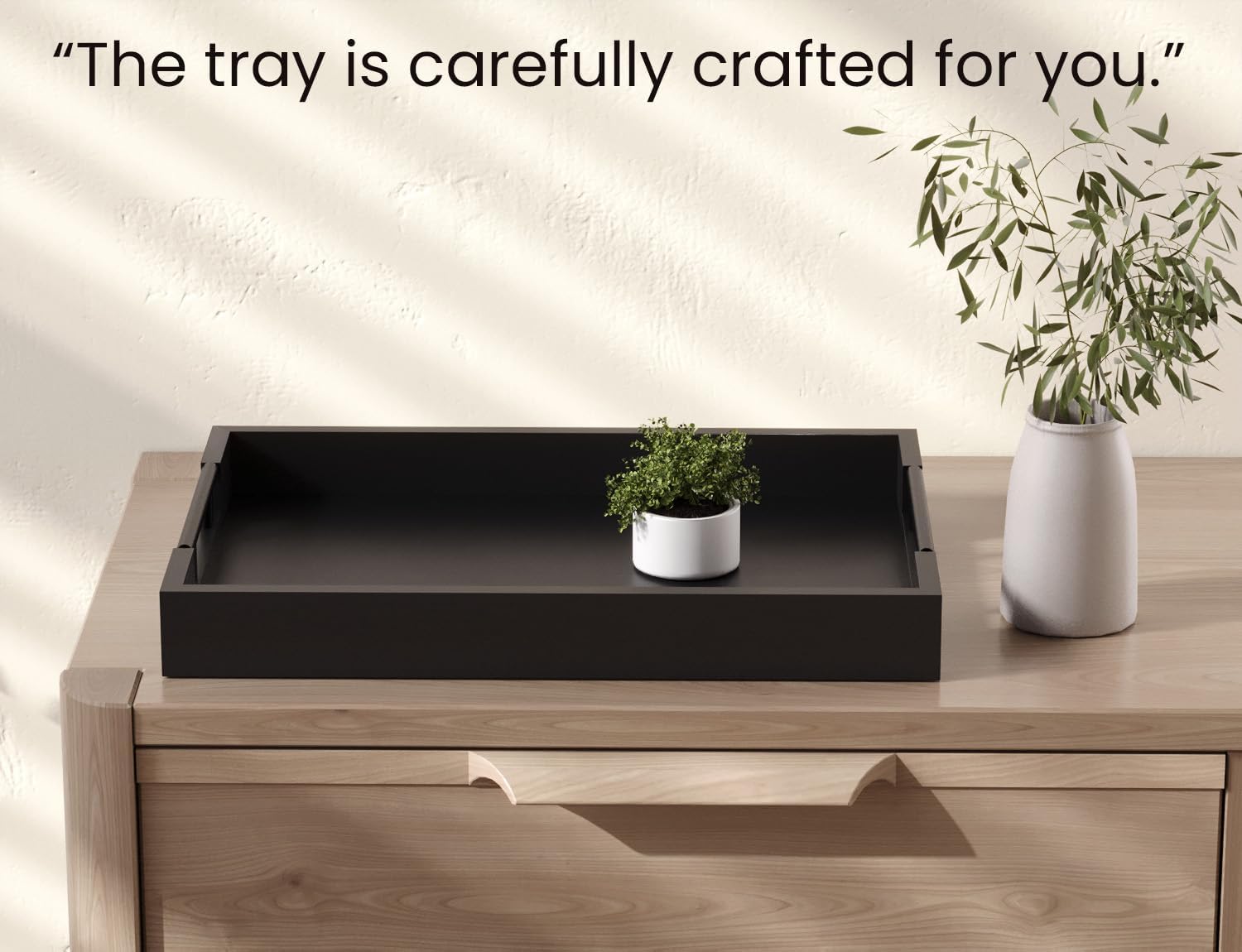 Bamboo Set of 2 Serving Tray with Metal Handles,Ottoman Decorative Trays Platter for Coffee Table,Living Room,Bar,Party(Black)