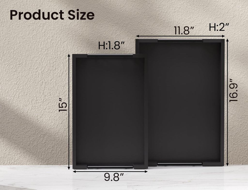 Bamboo Set of 2 Serving Tray with Metal Handles,Ottoman Decorative Trays Platter for Coffee Table,Living Room,Bar,Party(Black)