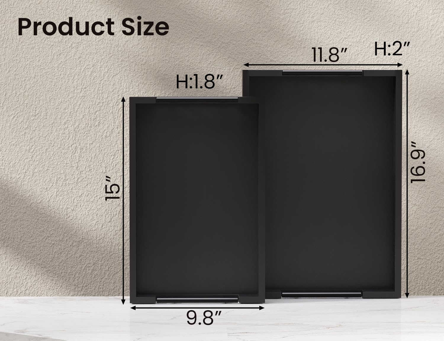 Bamboo Set of 2 Serving Tray with Metal Handles,Ottoman Decorative Trays Platter for Coffee Table,Living Room,Bar,Party(Black)