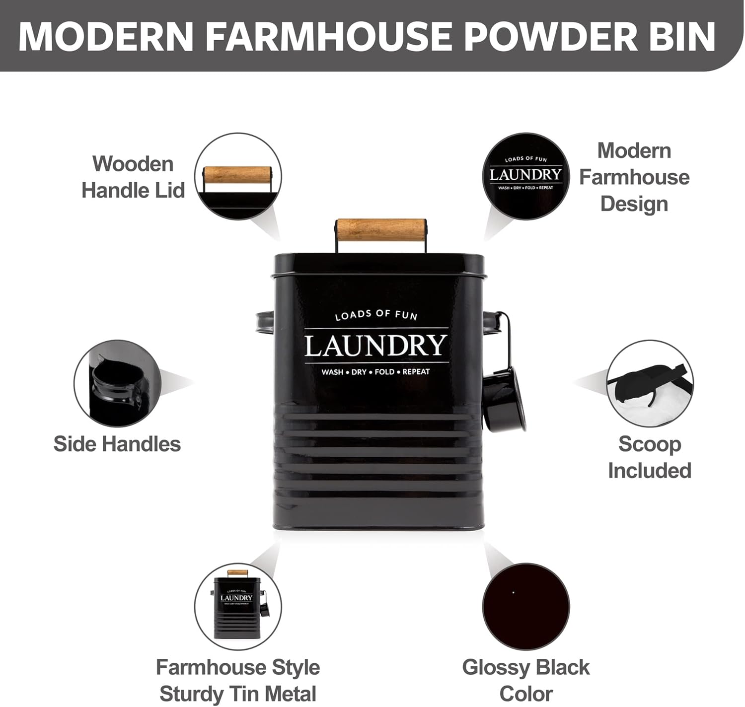 Calindiana Modern Farmhouse Metal Laundry Soap Dispenser Container Holder with Scoop for Laundry Room Decor and Space Saving Laundry Room Organization and Storage, Laundry Powder Container, Black