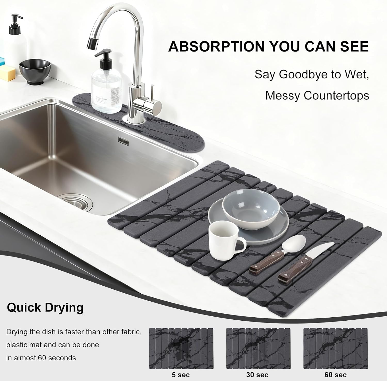 3 PCS Large Stone Dish Drying Mat for Kitchen Counter, Quick Dry Stone Dishes Mats, Sink Faucet Mat, Marble Water Absorbing Diatomaceous Earth Drying Pad for Countertop Tableware, Bottles, Cups