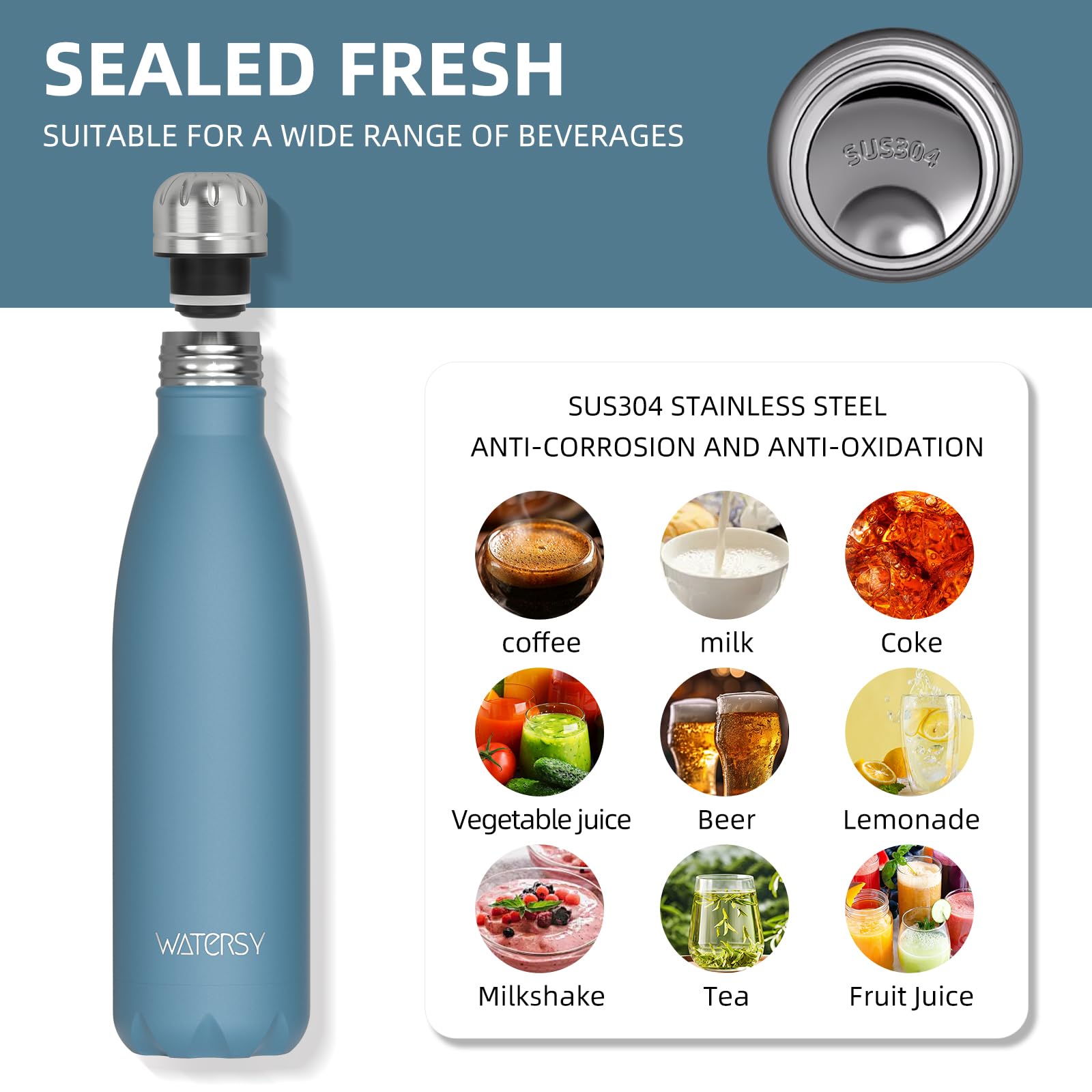 WATERSY Stainless Steel water bottles,17oz/500ml Insulated Water Bottles,Deep Blue metal water bottle Keeps Drink Cold and Hot,BPA Free kids water bottles for School,Gym,Travel,Sports