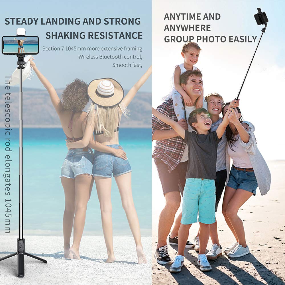 Selfie Stick Tripod with Light, All in One Cell Phone Tripod, Cellphone Tripod with Wireless Remote and Phone Holder, Portable, Lightweight,Compatible with All Phones(Black)