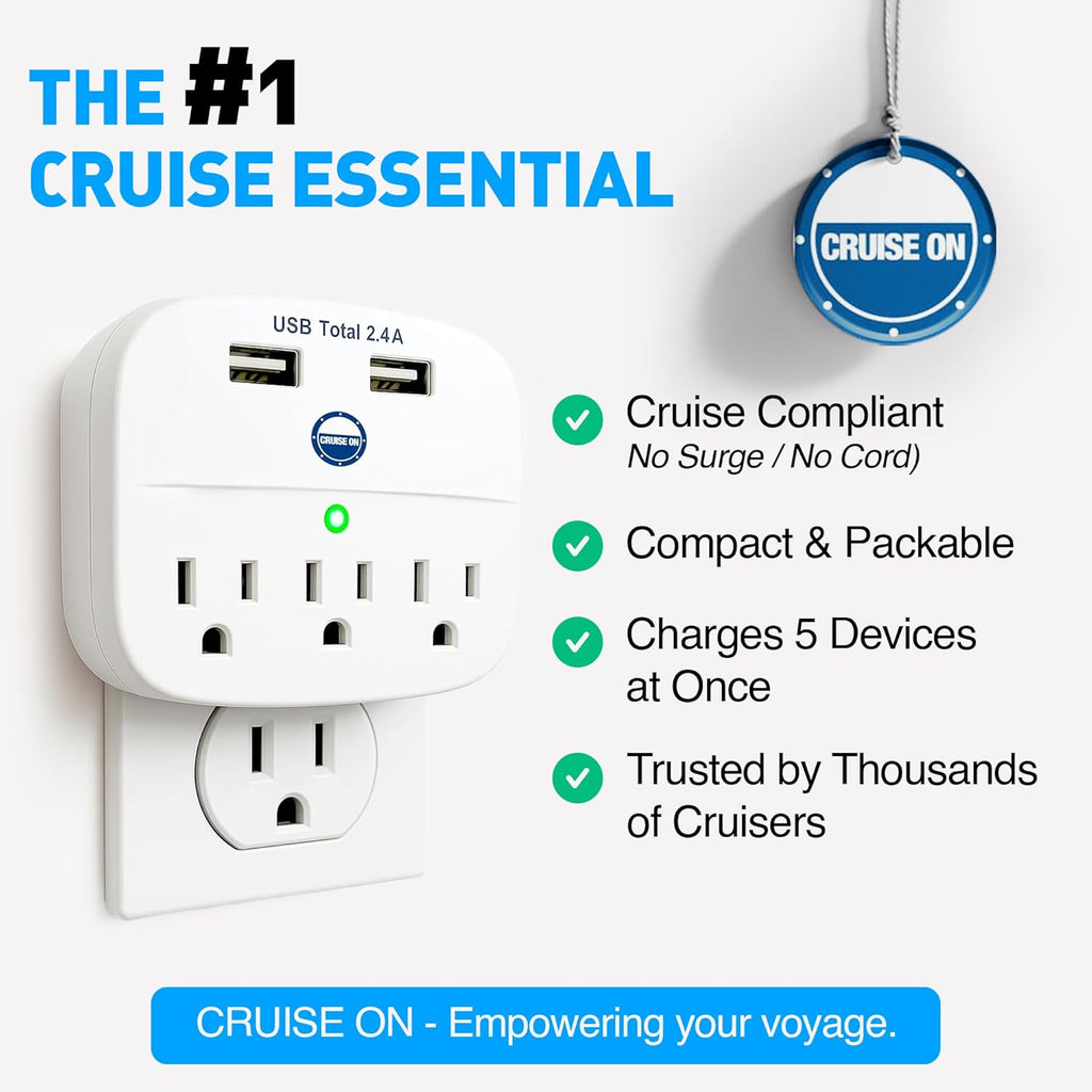 Cruise Approved Power Strip - Non Surge Protector for Cruise Ship with 2 USB Outlets - Cruise Ship Essentials 2026 for Carnival, Princess, Norwegian, Holland America, MSC & Major Cruise Lines (White)