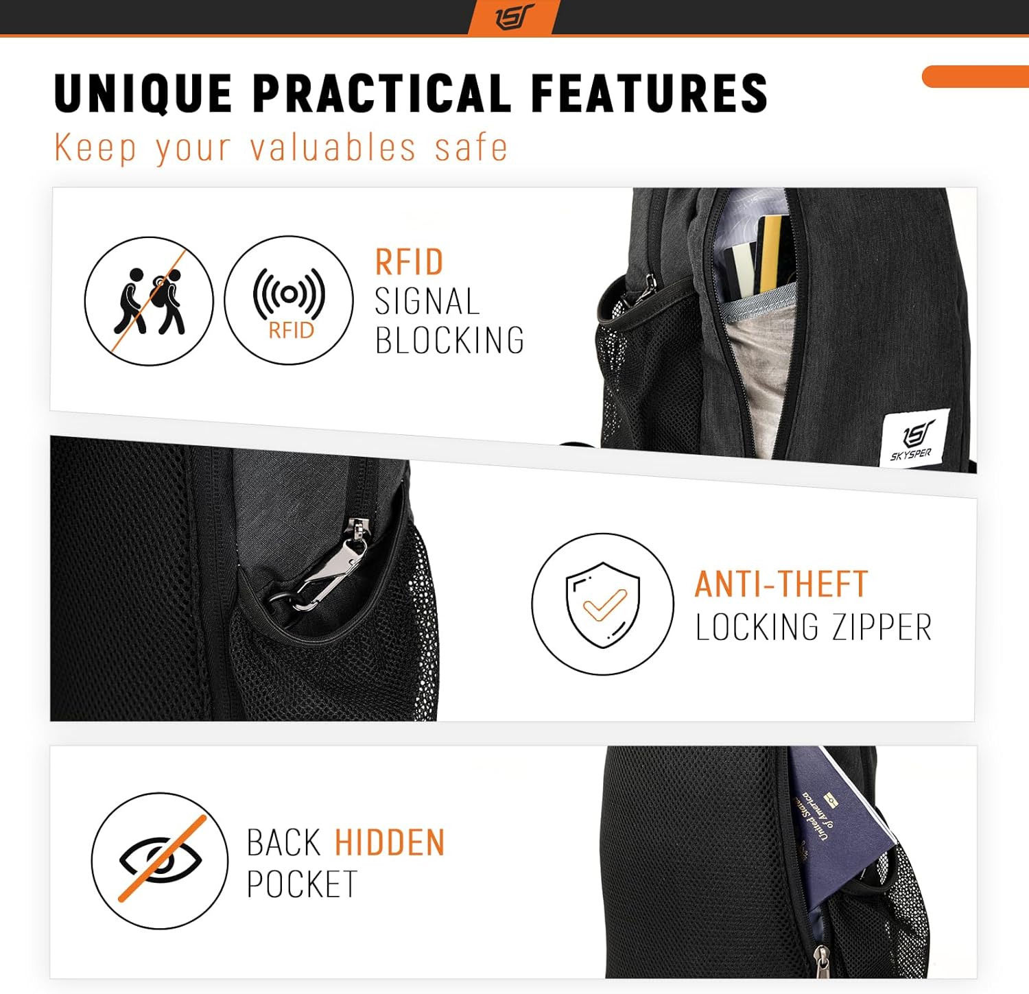 SKYSPER Sling Bag RFID Crossbody Sling Backpack Cross Body Shoulder Travel Bag Hiking Daypack for Women Men(Black)