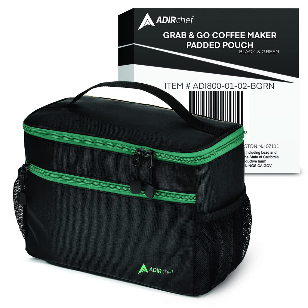 Adir Mini Single Serve Travel Coffee Maker Pouch Organizer, Portable For Travel, Camping, Office Lunch Bag For Grab & Go Daily Use (Black & Green)