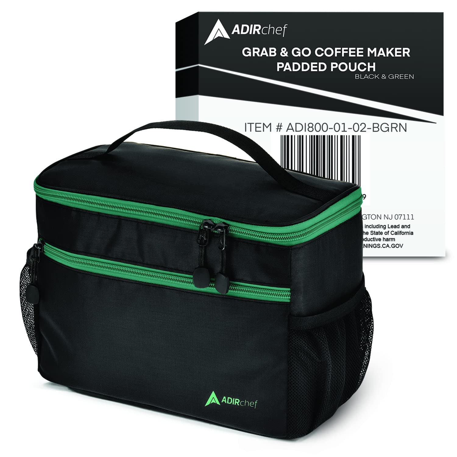 Adir Mini Single Serve Travel Coffee Maker Pouch Organizer, Portable For Travel, Camping, Office Lunch Bag For Grab & Go Daily Use (Black & Green)