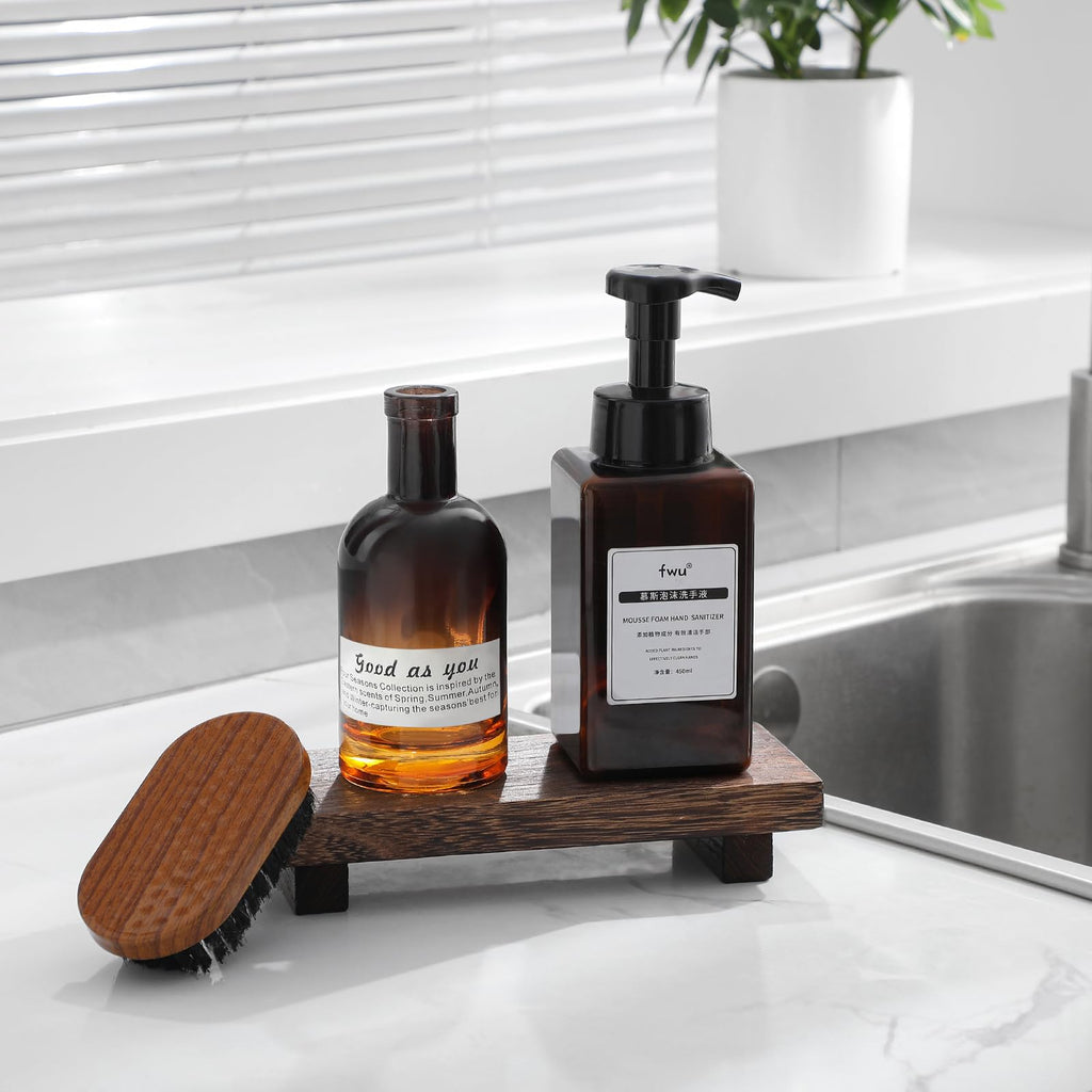 zoocatia Small Wood Tray Pedestal Stand Farmhouse Bathroom Decor Decorative Wooden Riser Kitchen Soap Dish Holder for Vanity, Counter, Sink, 9" x 5.9" - Black