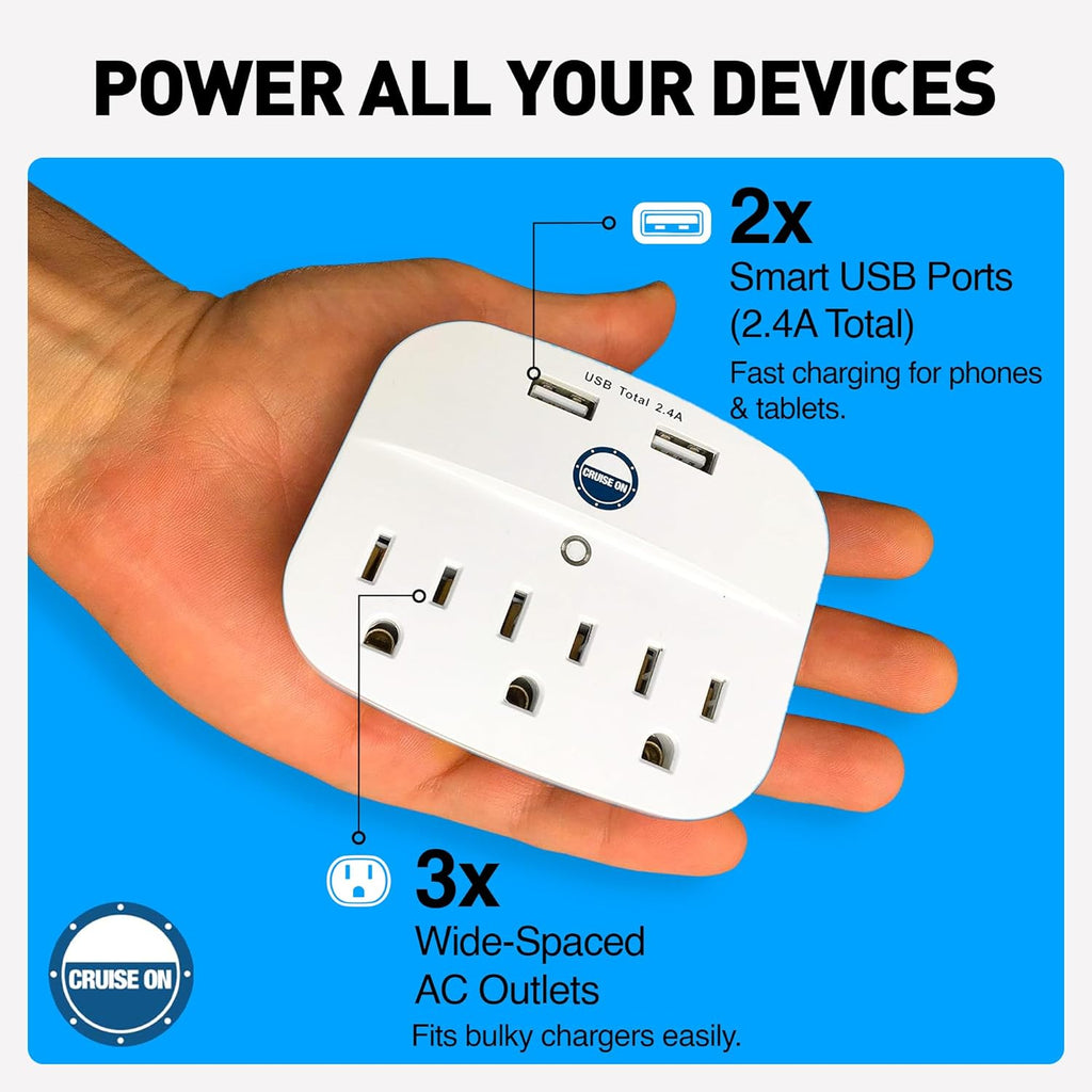 Cruise Approved Power Strip - Non Surge Protector for Cruise Ship with 2 USB Outlets - Cruise Ship Essentials 2026 for Carnival, Princess, Norwegian, Holland America, MSC & Major Cruise Lines (White)