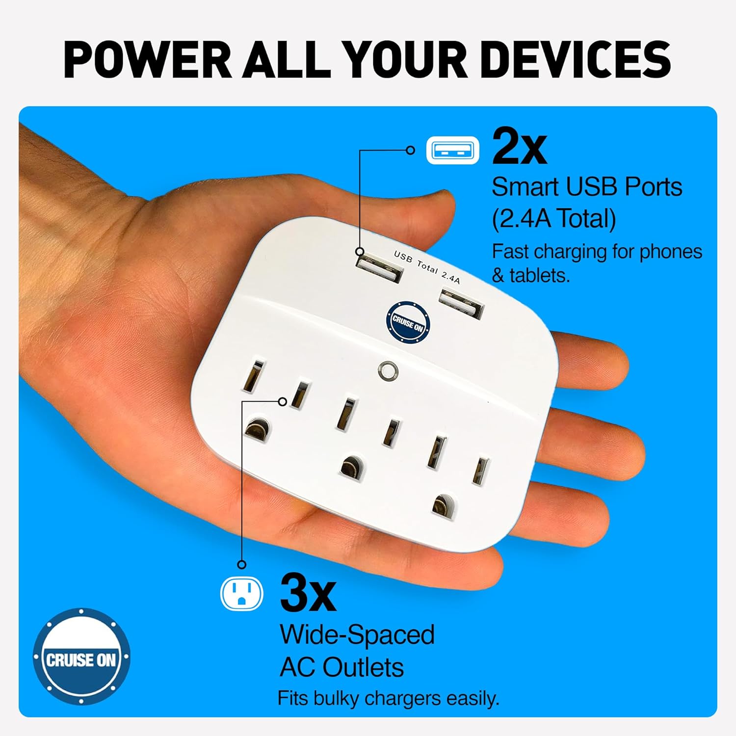 Cruise Approved Power Strip - Non Surge Protector for Cruise Ship with 2 USB Outlets - Cruise Ship Essentials 2026 for Carnival, Princess, Norwegian, Holland America, MSC & Major Cruise Lines (White)