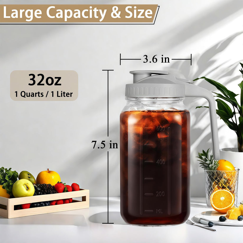 64oz Glass Pitcher with Handle and Lid, 2 Quart Mason Jar Pitcher - Airtight & Leakproof Water Jug with Pour Spout Lid, Glass Containers for Fridge, Perfect for Juice, Cold Brew, Iced & Sun Tea