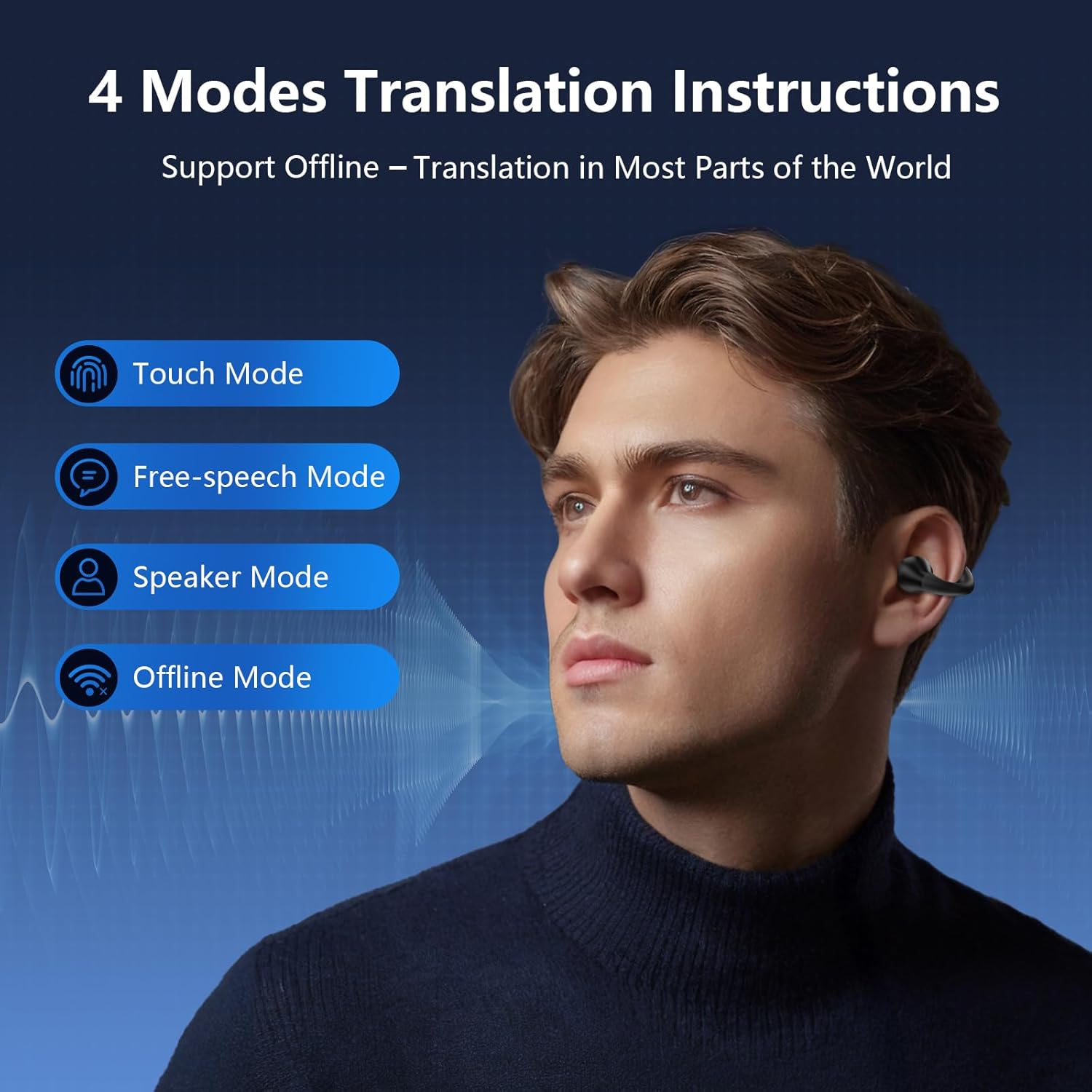 AI Translation Earbuds Real Time 144 Languages Clip On Earbuds Translator Headphones Audifonos Traductores Inglés Español Bluetooth 60H Playtime Headphones for Travel Business Meeting Learning Black