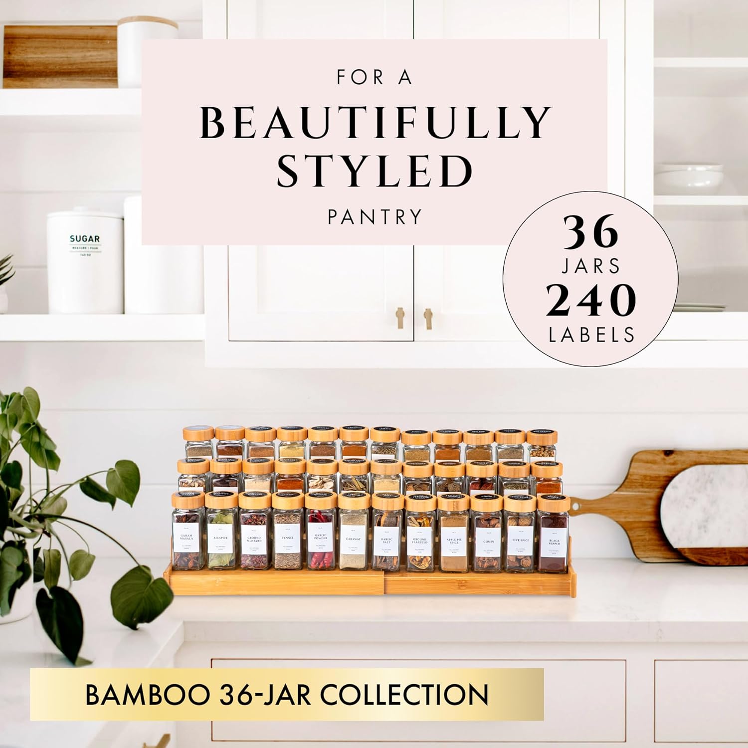 Glass Spice Jars with Label with Bamboo Lids Minimalist 36 Pack Set, 4oz Clear Empty Bottles Seasoning Organizer Jars with Shaker Lids, Small Square Airtight Spice Seasoning Containers Herb Storage