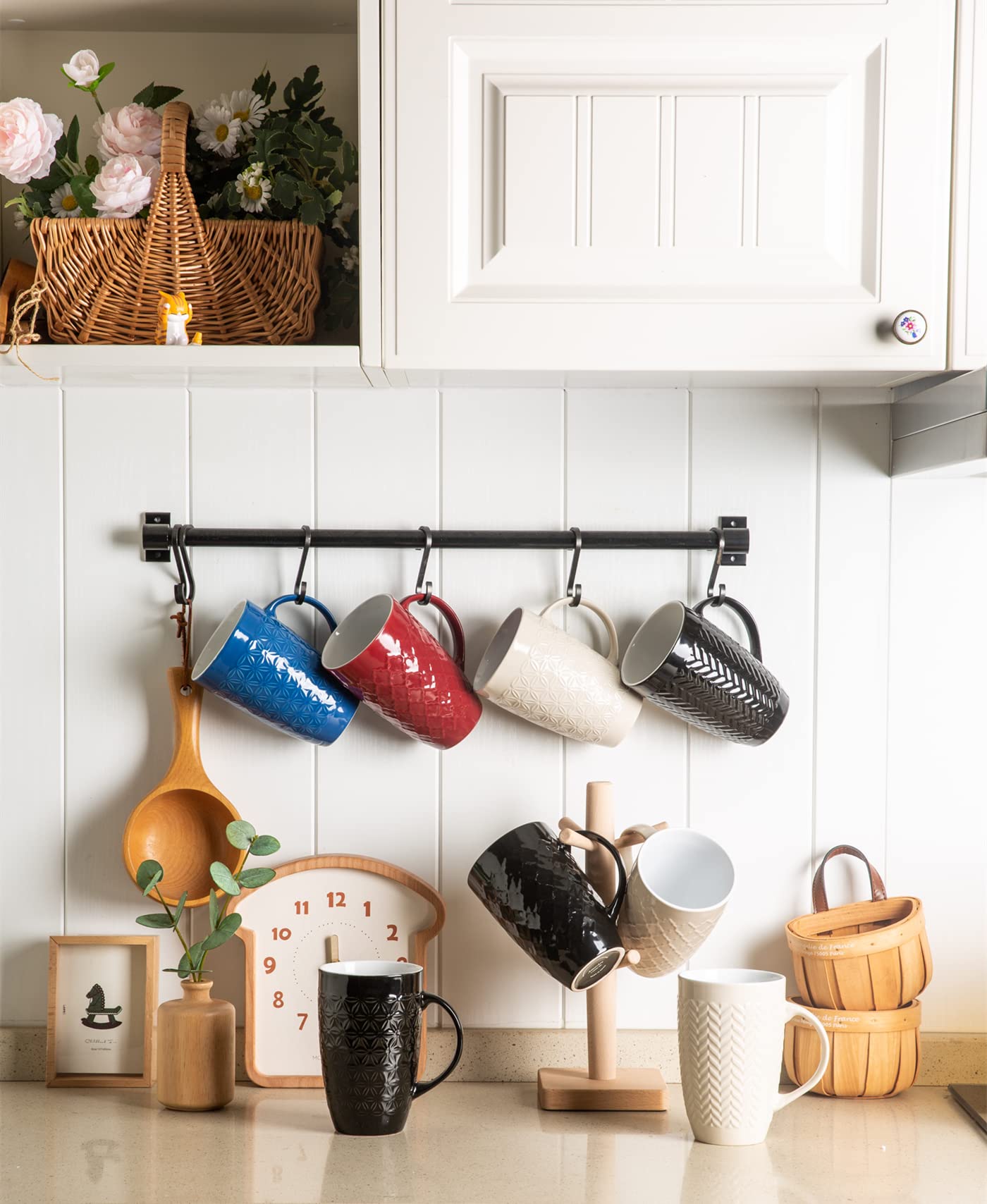 AmorArc Extra Large Coffee Mugs Set of 6, 20oz Ceramic Tall Coffee Mugs Set with Textured Geometric Patterns for Coffee/Tea/Beer/Hot Cocoa, Dishwasher & Microwave Safe,Beige