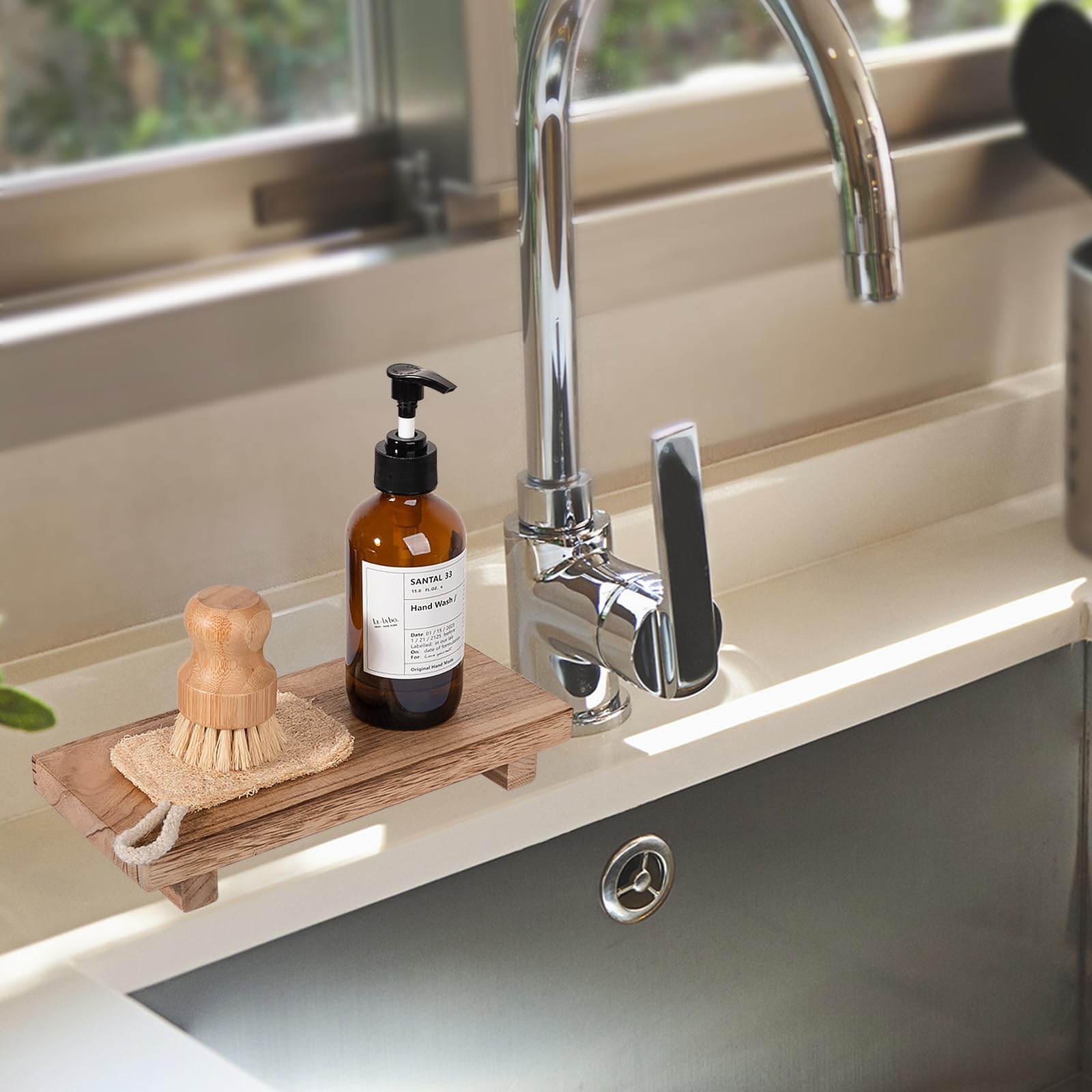 zoocatia Small Wood Tray Pedestal Stand Farmhouse Bathroom Decor Decorative Wooden Riser Kitchen Soap Dish Holder for Vanity, Counter, Sink, 9" x 5.9" - Black