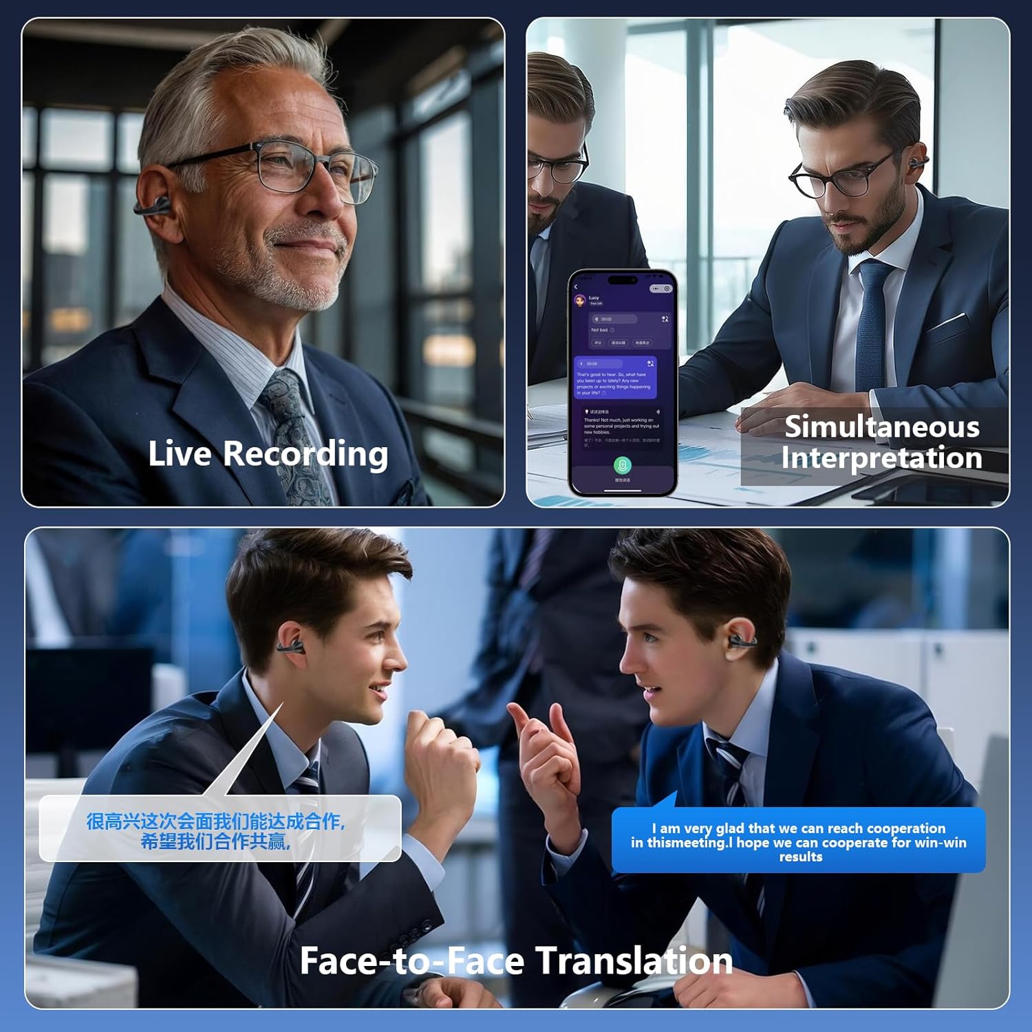 AI Translation Earbuds Real Time 144 Languages Clip On Earbuds Translator Headphones Audifonos Traductores Inglés Español Bluetooth 60H Playtime Headphones for Travel Business Meeting Learning Black