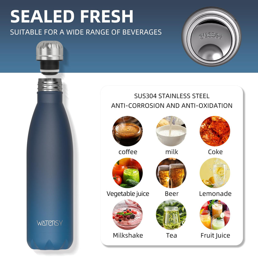 WATERSY Stainless Steel water bottles,17oz/500ml Insulated Water Bottles,Deep Blue metal water bottle Keeps Drink Cold and Hot,BPA Free kids water bottles for School,Gym,Travel,Sports