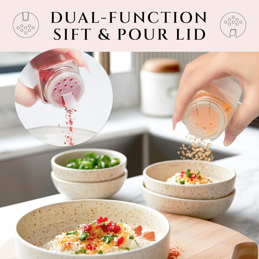 Glass Spice Jars with Label with Bamboo Lids Minimalist 36 Pack Set, 4oz Clear Empty Bottles Seasoning Organizer Jars with Shaker Lids, Small Square Airtight Spice Seasoning Containers Herb Storage