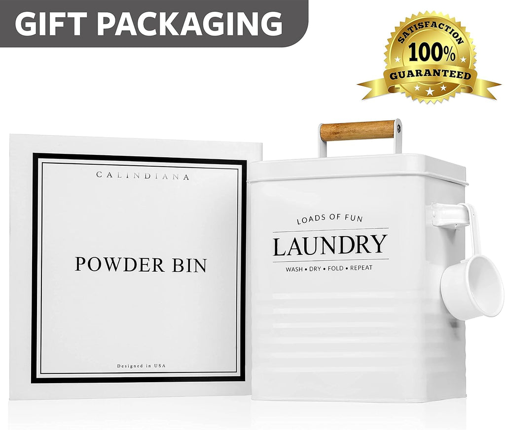 Calindiana Modern Farmhouse Metal Laundry Soap Dispenser Container Holder with Scoop for Laundry Room Decor and Space Saving Laundry Room Organization and Storage, Laundry Powder Container, Black