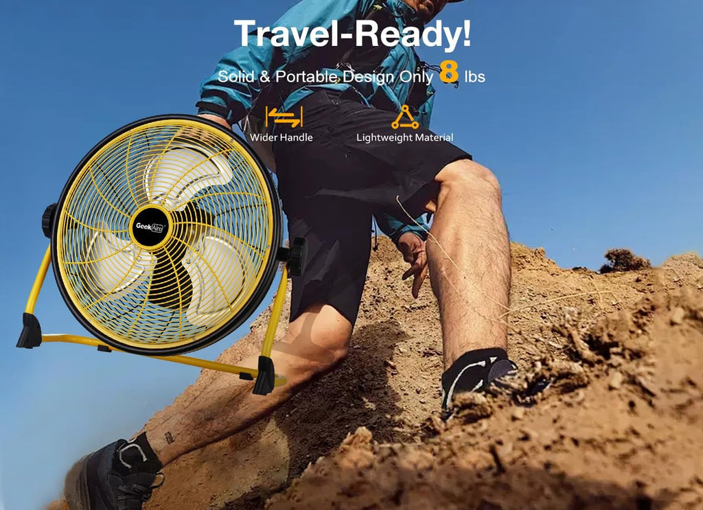 Geek Aire Rechargeable Outdoor High Velocity Camping Floor Fan, 16” Portable Battery Operated Fan with Metal Blade for Garage Camping Gear Accessories