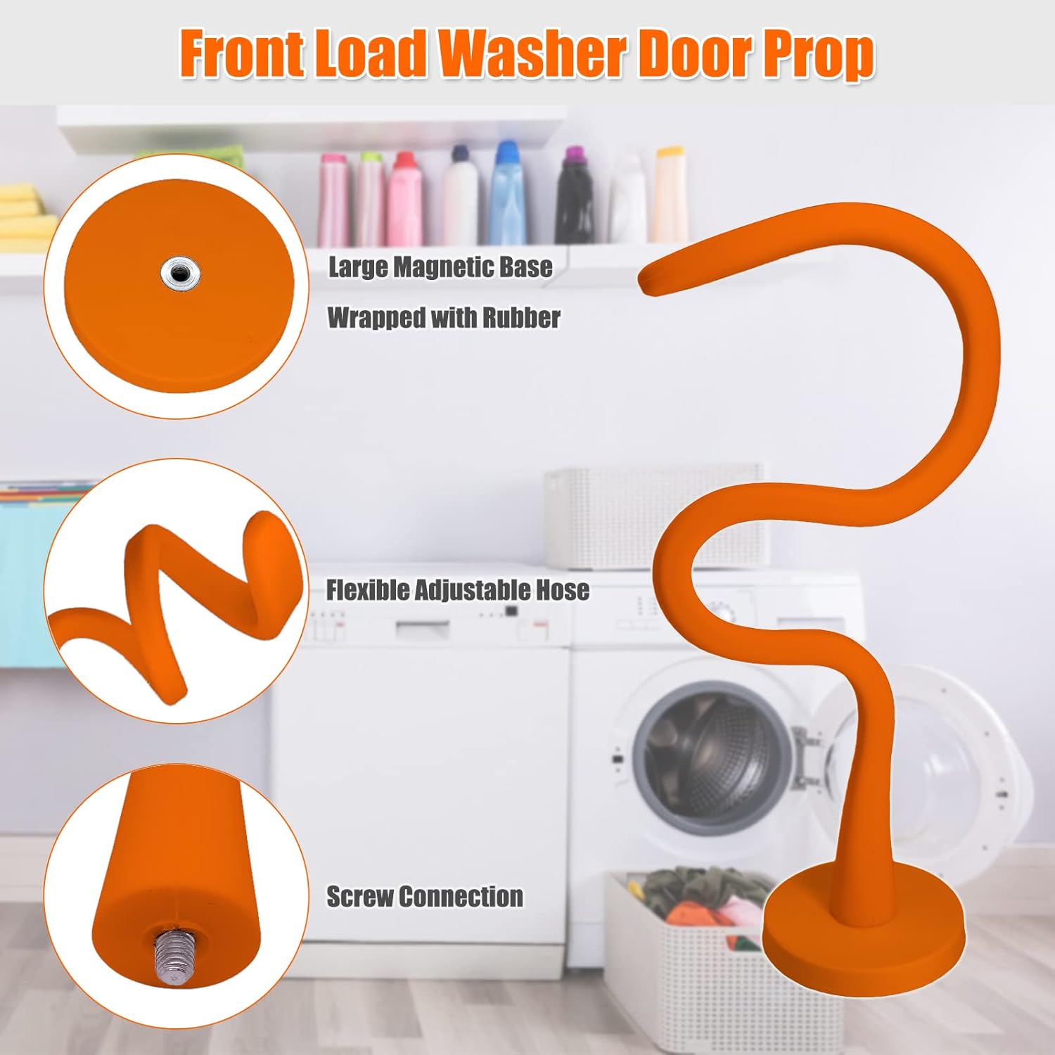 Front Load Washer Door Prop, Removable Flexible Washer Door Stopper, Magnetic Washing Machine Door Holder with 66mm Magnet Base, Keep Washer Door Open to Prevent Odors (Black)