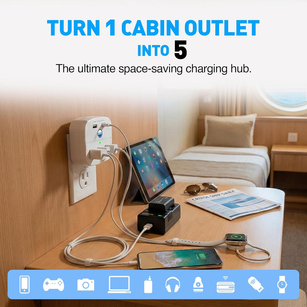 Cruise Approved Power Strip - Non Surge Protector for Cruise Ship with 2 USB Outlets - Cruise Ship Essentials 2026 for Carnival, Princess, Norwegian, Holland America, MSC & Major Cruise Lines (White)