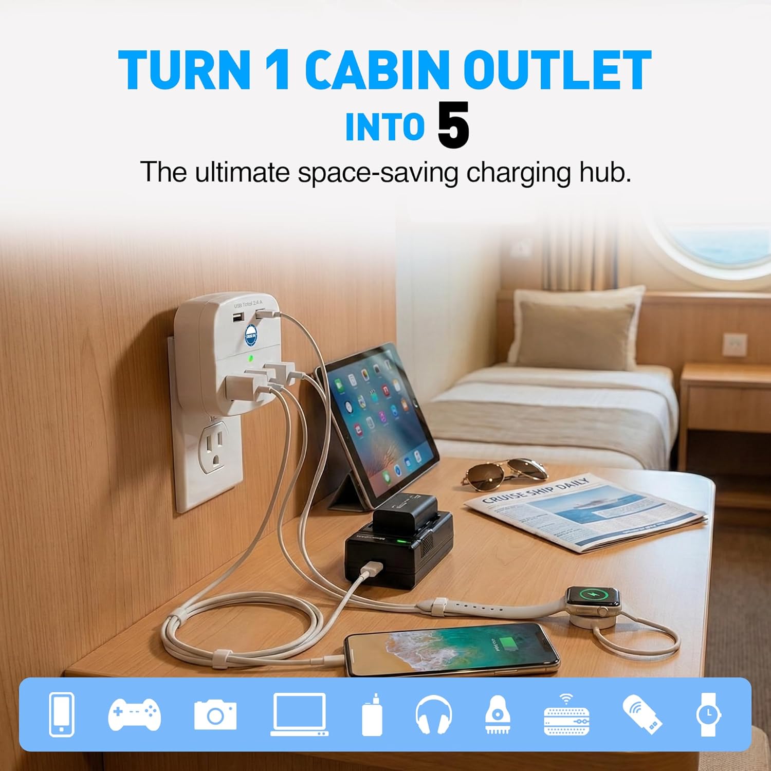 Cruise Approved Power Strip - Non Surge Protector for Cruise Ship with 2 USB Outlets - Cruise Ship Essentials 2026 for Carnival, Princess, Norwegian, Holland America, MSC & Major Cruise Lines (White)