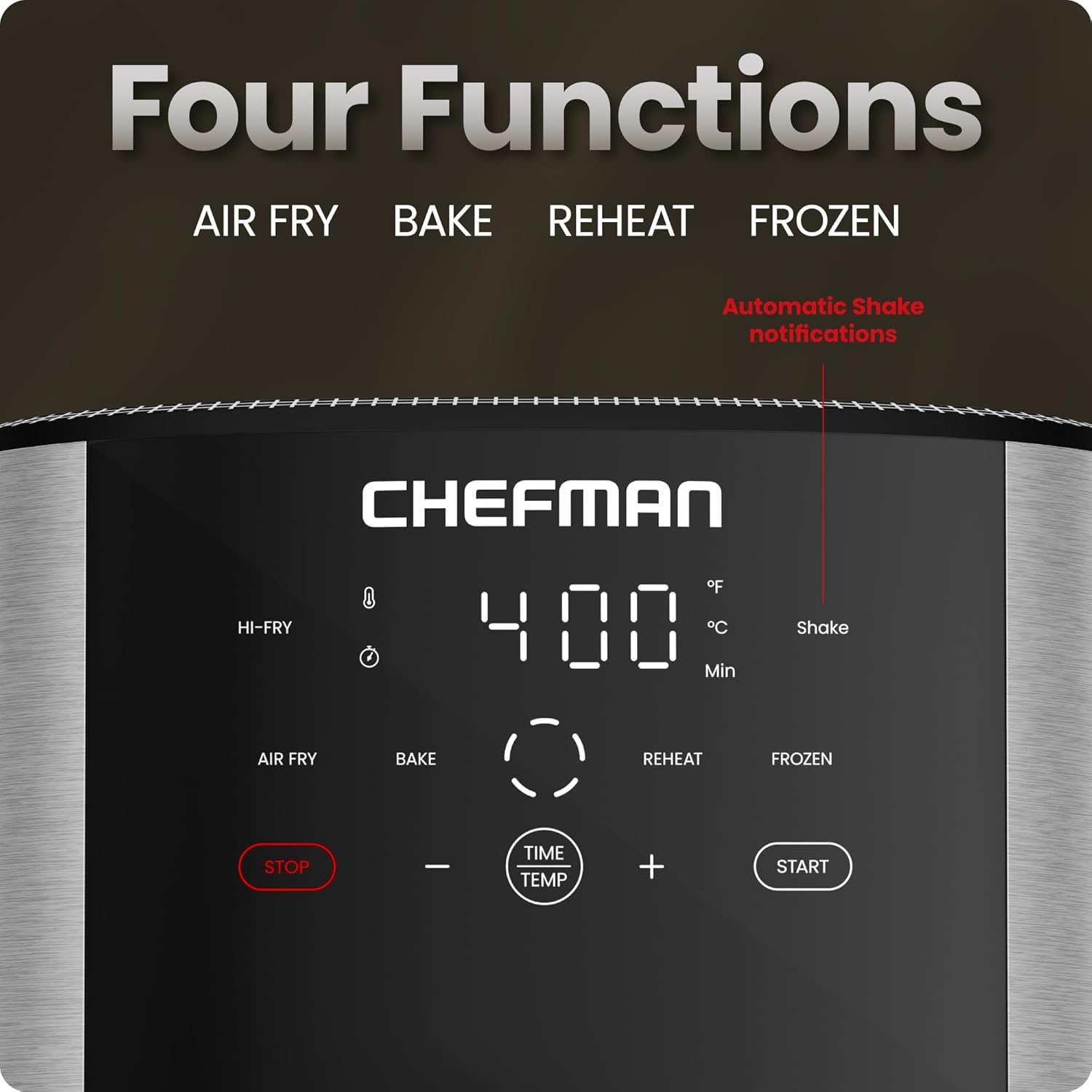 Chefman Air Fryer 8 Qt | TurboFry® 4-in-1 with 450°F Hi-Fry Option for Crispier Results | Bake, Dehydrate, Frozen | XL Nonstick Dishwasher-Safe Basket | Stainless Steel