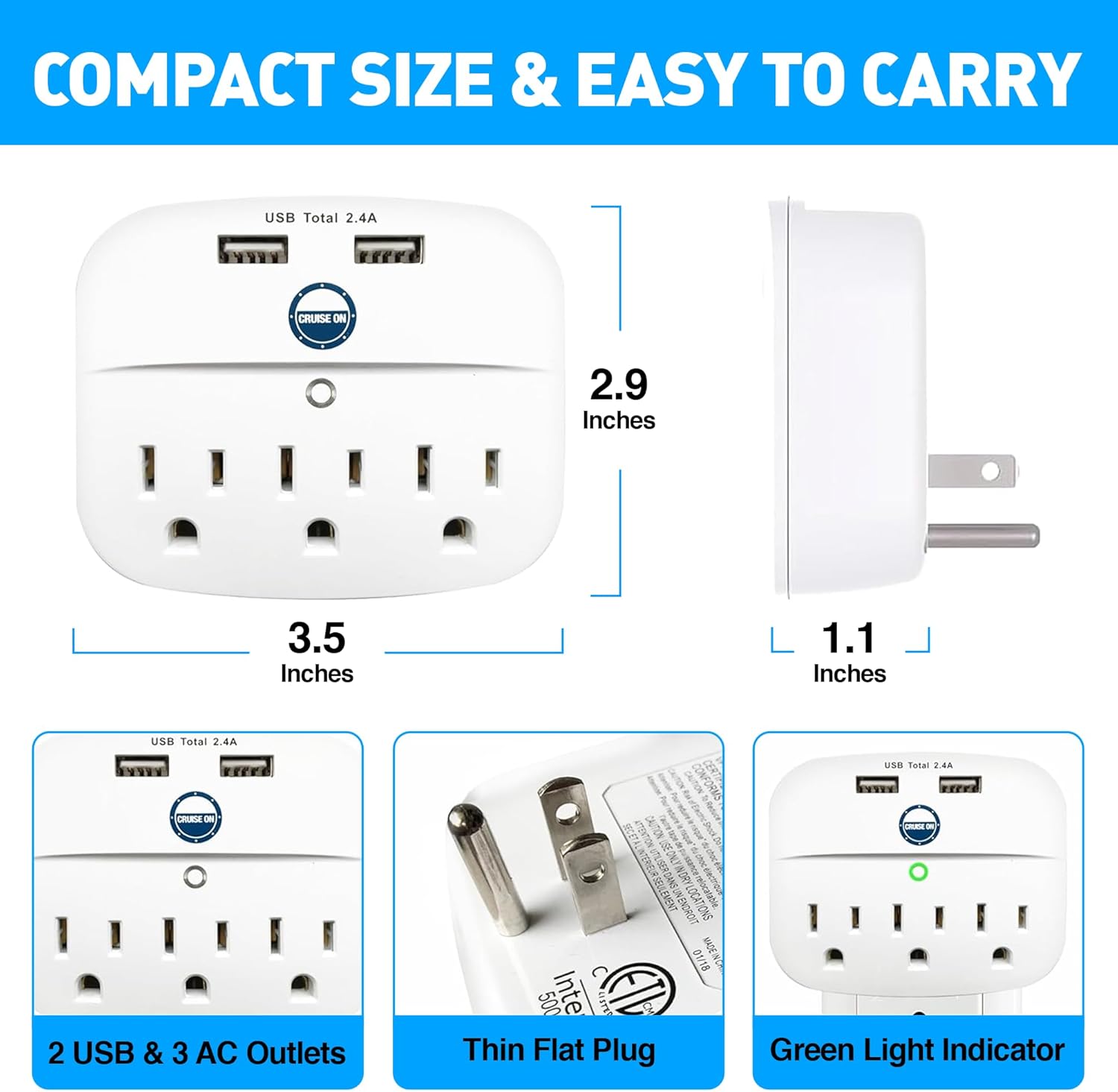 Cruise Approved Power Strip - Non Surge Protector for Cruise Ship with 2 USB Outlets - Cruise Ship Essentials 2026 for Carnival, Princess, Norwegian, Holland America, MSC & Major Cruise Lines (White)
