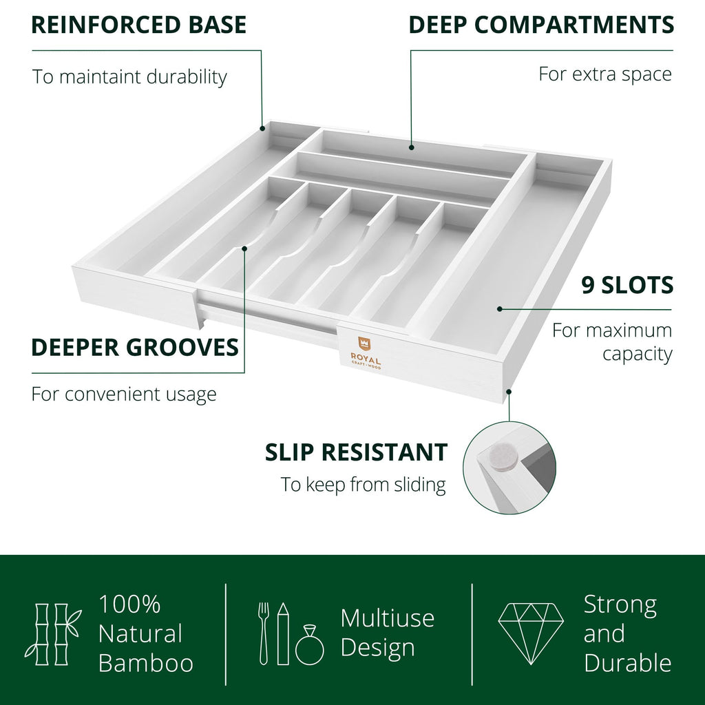 ROYAL CRAFT WOOD Luxury Bamboo Kitchen Drawer Organizer - Silverware Organizer, Utensil Holder & Cutlery Tray Drawer Dividers for Flatware (9 Slot, Natural)