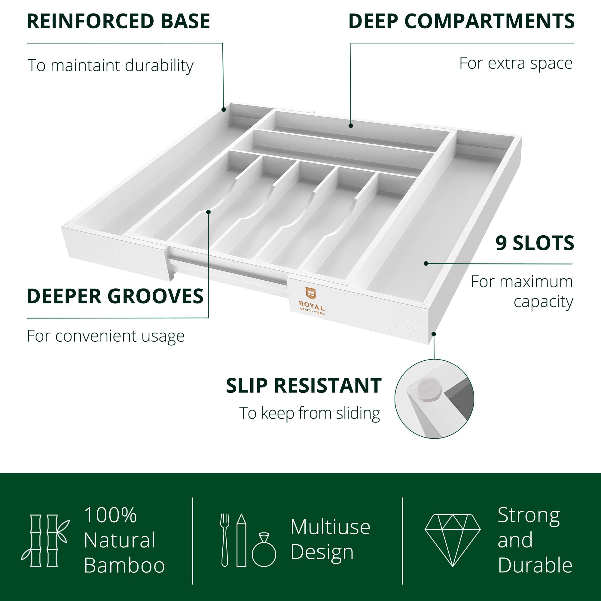 ROYAL CRAFT WOOD Luxury Bamboo Kitchen Drawer Organizer - Silverware Organizer, Utensil Holder & Cutlery Tray Drawer Dividers for Flatware (9 Slot, Natural)
