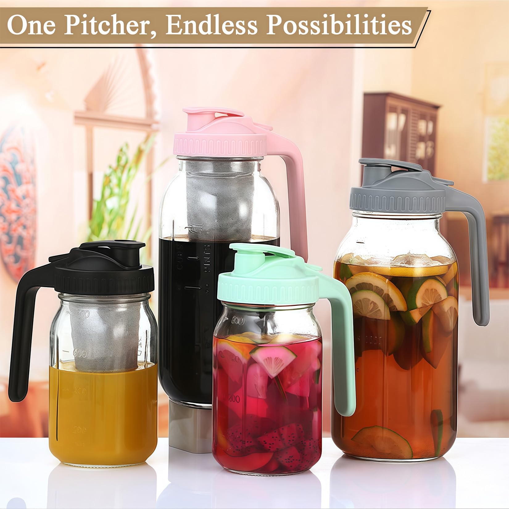 64oz Glass Pitcher with Handle and Lid, 2 Quart Mason Jar Pitcher - Airtight & Leakproof Water Jug with Pour Spout Lid, Glass Containers for Fridge, Perfect for Juice, Cold Brew, Iced & Sun Tea