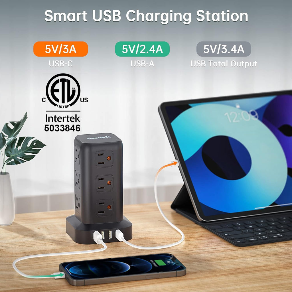 Surge Protector Power Strip Tower,10FT Extension Cord with Multiple Ou ...