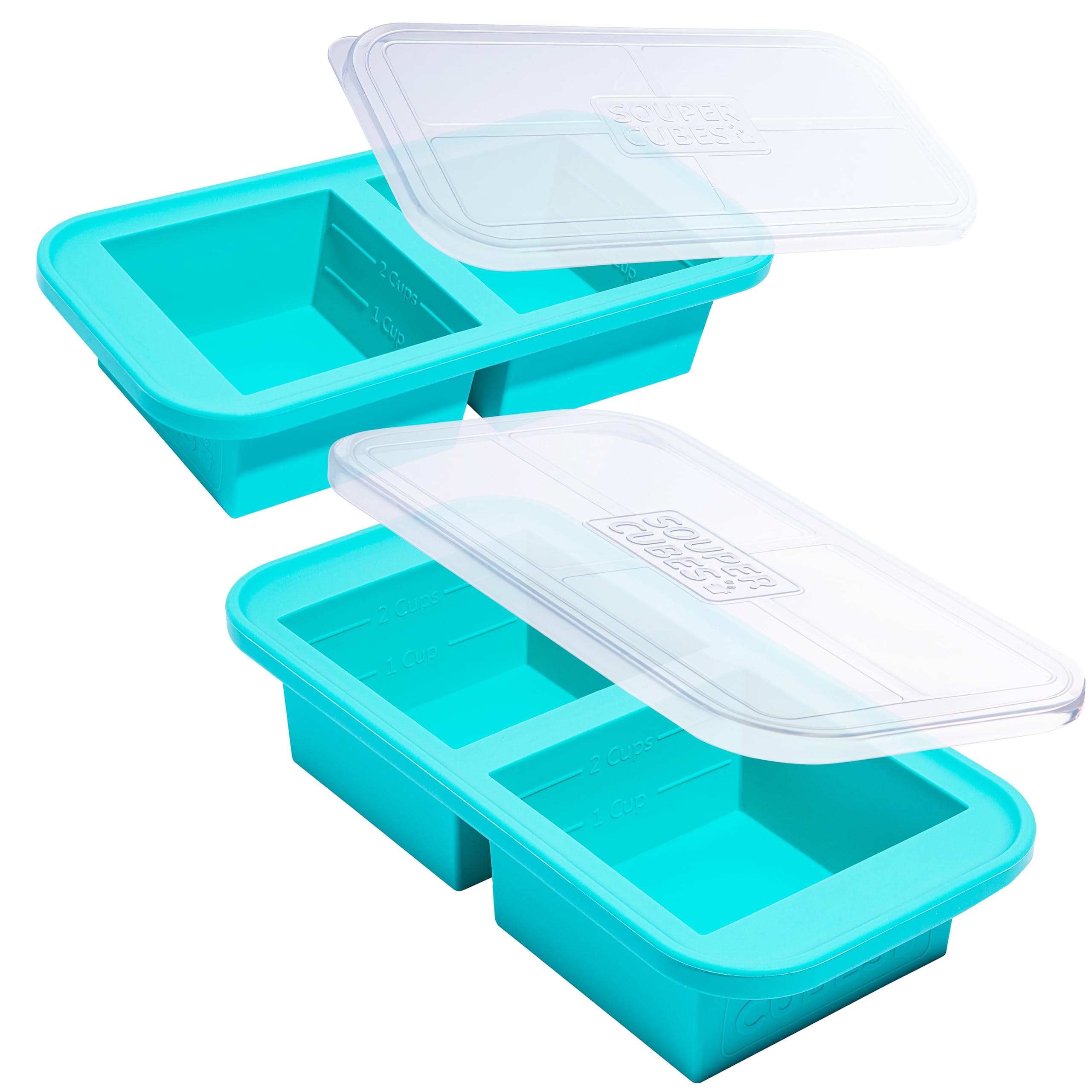 Souper Cubes 2 Cup Silicone Freezer Molds with Lids – Soup Cubes for Freezing Lasagna, Leftovers, Soups, Sauces, Casseroles, Meal Prep Meals and More – Aqua 2-Pack
