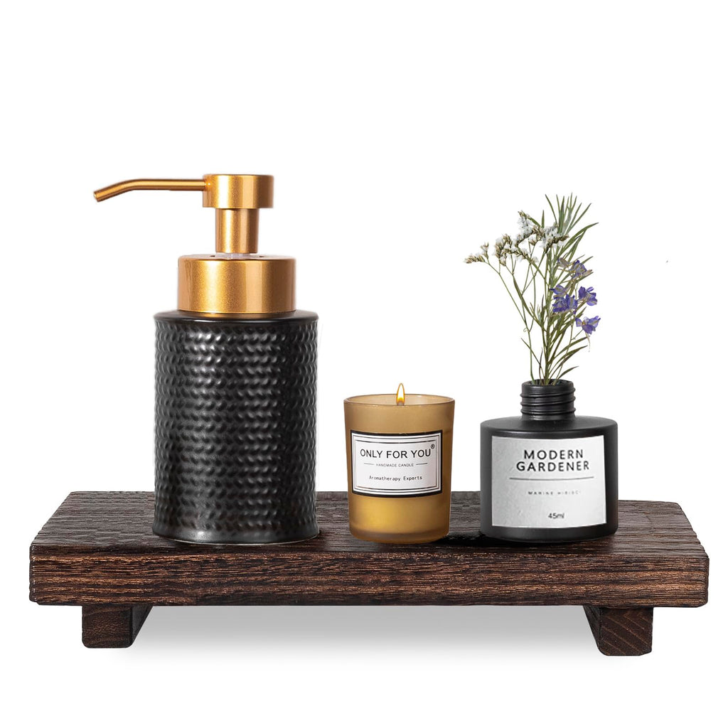 zoocatia Small Wood Tray Pedestal Stand Farmhouse Bathroom Decor Decorative Wooden Riser Kitchen Soap Dish Holder for Vanity, Counter, Sink, 9" x 5.9" - Black