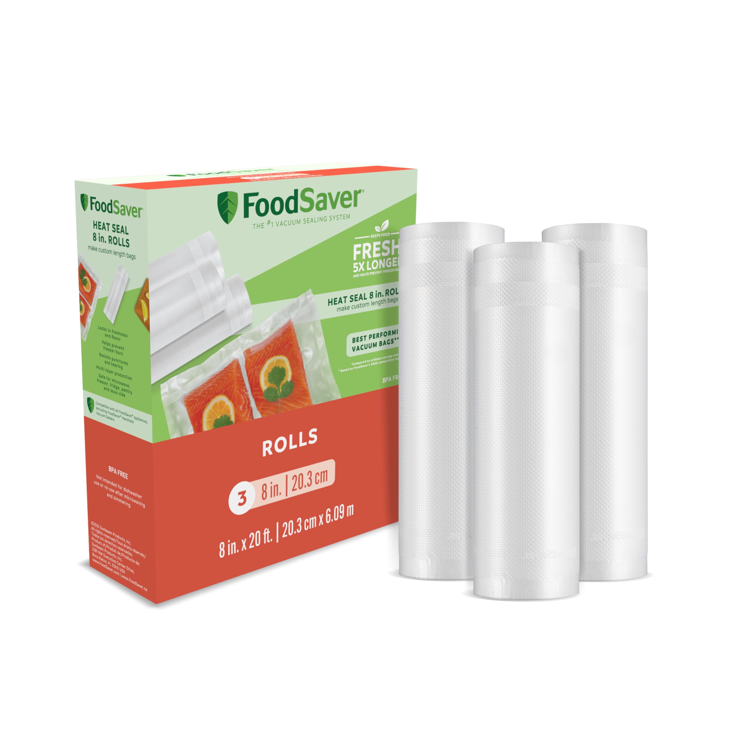 FoodSaver Custom Length Vacuum Sealer Bags Multipack, 5 Count Rolls for Airtight Food Storage and Sous Vide - Compatible with FoodSaver, 8 (2 Pack) and 11 (3 Pack)