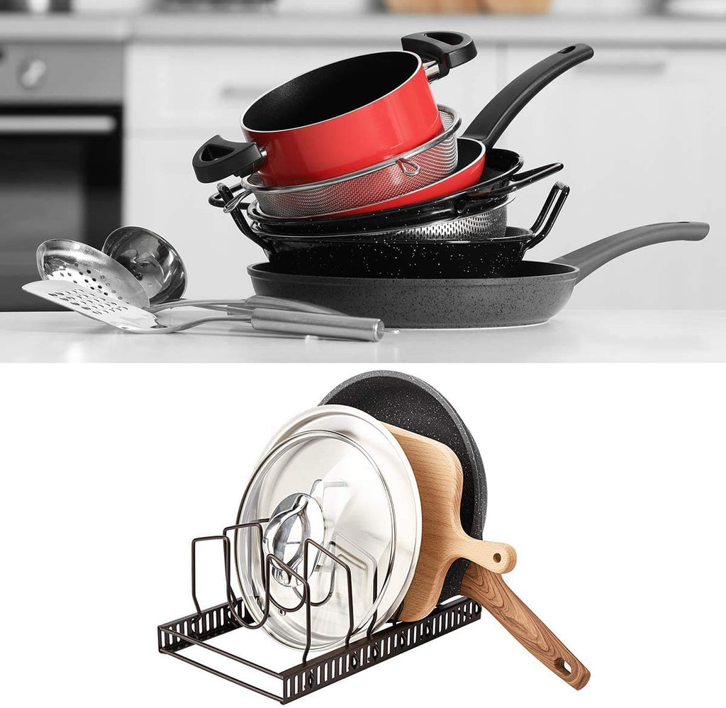 Toplife Pots and Pans Organizer Rack for Cabinet and Countertop, 10+ Pot Lids, Bakeware and Cookware Holder with 10 Adjustable Compartments - Black