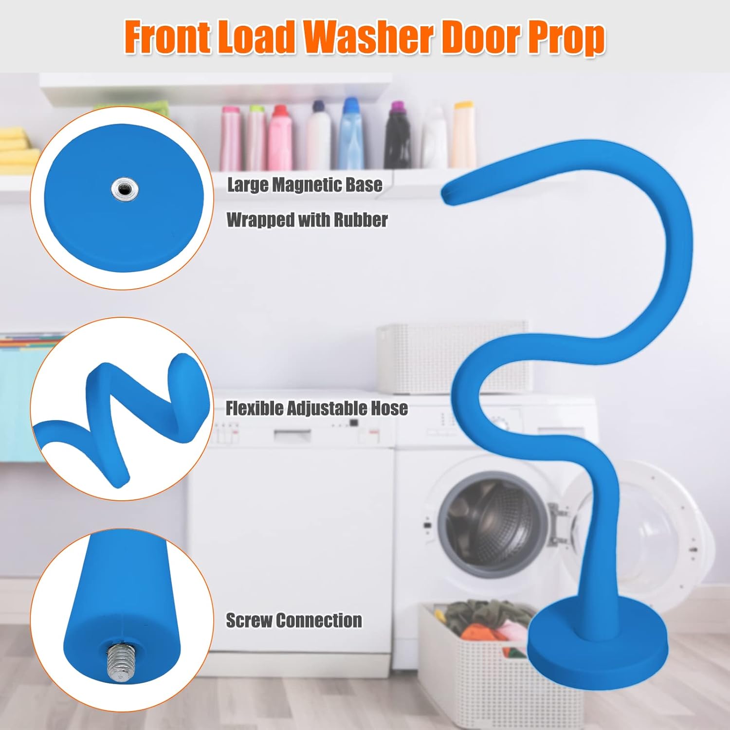 Front Load Washer Door Prop, Removable Flexible Washer Door Stopper, Magnetic Washing Machine Door Holder with 66mm Magnet Base, Keep Washer Door Open to Prevent Odors (Black)