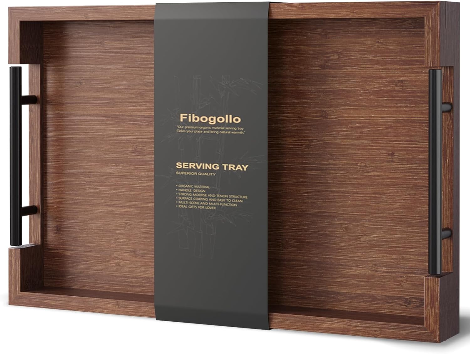 Bamboo Set of 2 Serving Tray with Metal Handles,Ottoman Decorative Trays Platter for Coffee Table,Living Room,Bar,Party(Black)