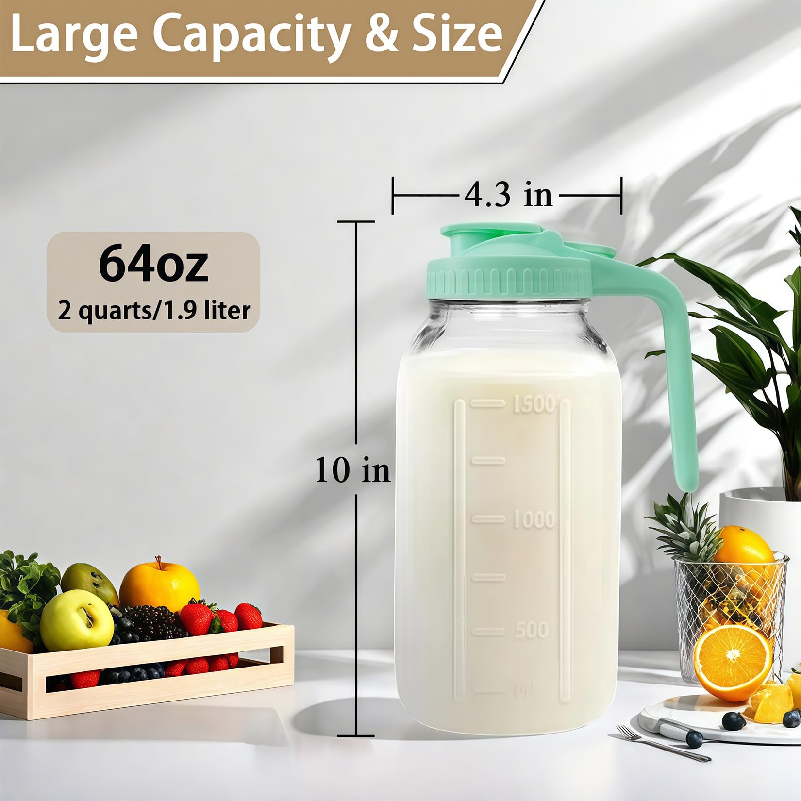 64oz Glass Pitcher with Handle and Lid, 2 Quart Mason Jar Pitcher - Airtight & Leakproof Water Jug with Pour Spout Lid, Glass Containers for Fridge, Perfect for Juice, Cold Brew, Iced & Sun Tea