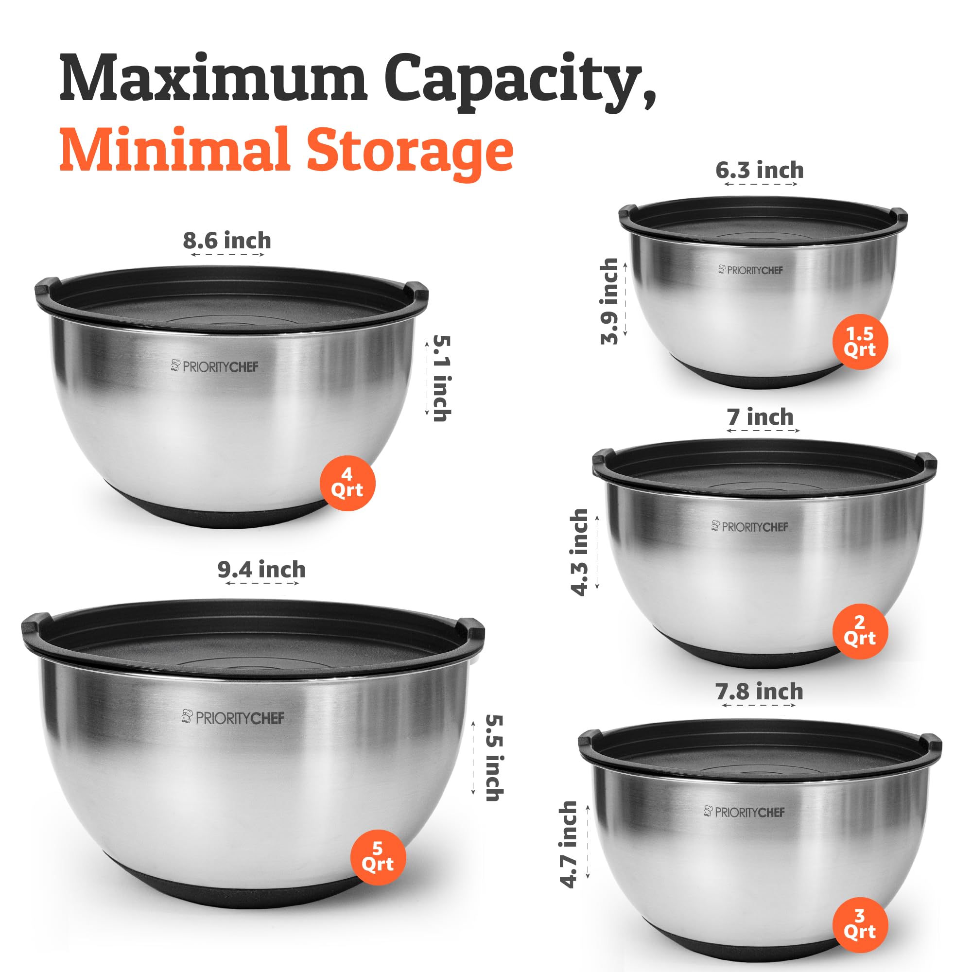 Priority Chef Premium Mixing Bowls With Lids Set, Airtight Lids, Thicker Stainless Steel, Non-Slip Base, 5 Nesting Steel Bowls for Kitchen, Large Prep Metal Bowl Set 1.5/2/3/4/5 Qt, Black