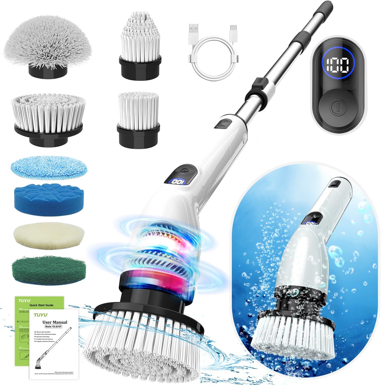 TUYU Electric Spin Scrubber, Full-Body IPX7 Waterproof Bathroom Scrubber with Power LCD Display, Adjustable Extension Handle, Cordless Shower Cleaner Brush for Bathtub Kitchen Wall Cleaning