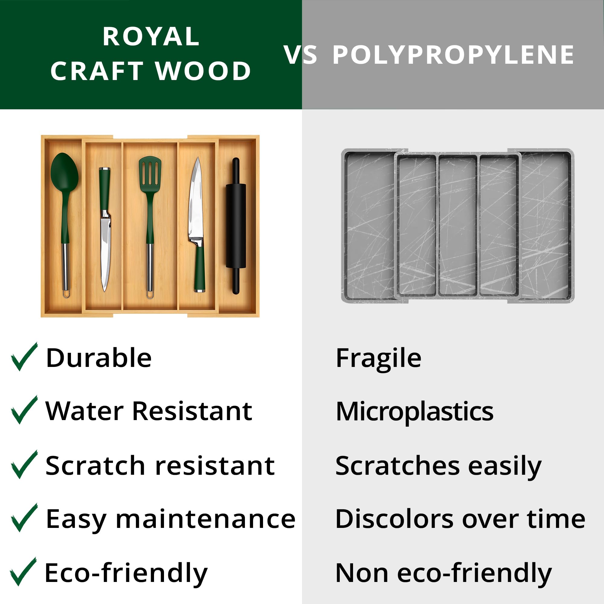 ROYAL CRAFT WOOD Luxury Bamboo Kitchen Drawer Organizer - Silverware Organizer, Utensil Holder & Cutlery Tray Drawer Dividers for Flatware (9 Slot, Natural)