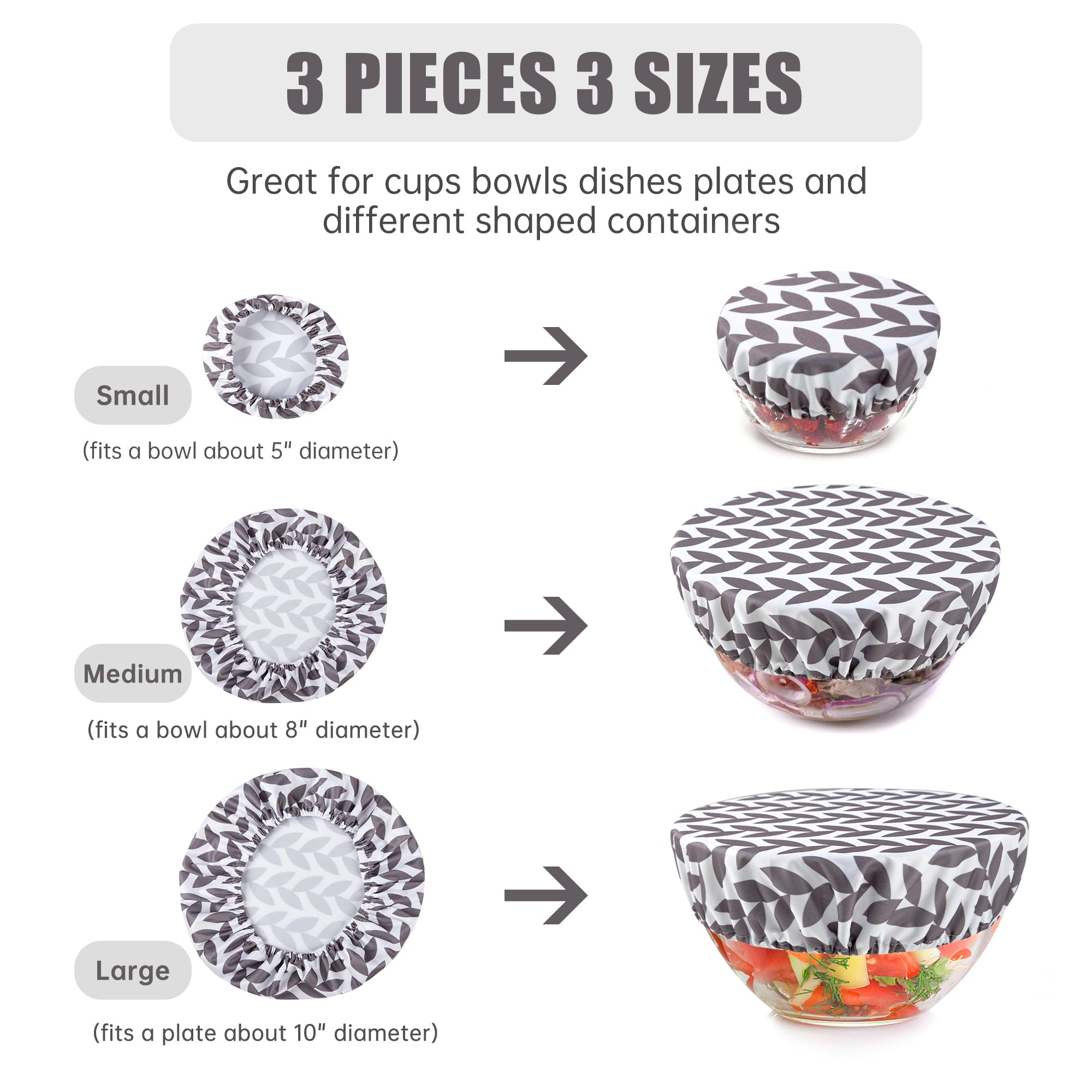 wegreeco Elastic Reusable Bowl Covers for Bread Proofing, Fabric Cloth Sourdough Bowl Covers for Proofing - Set of 3, Grey Leaf